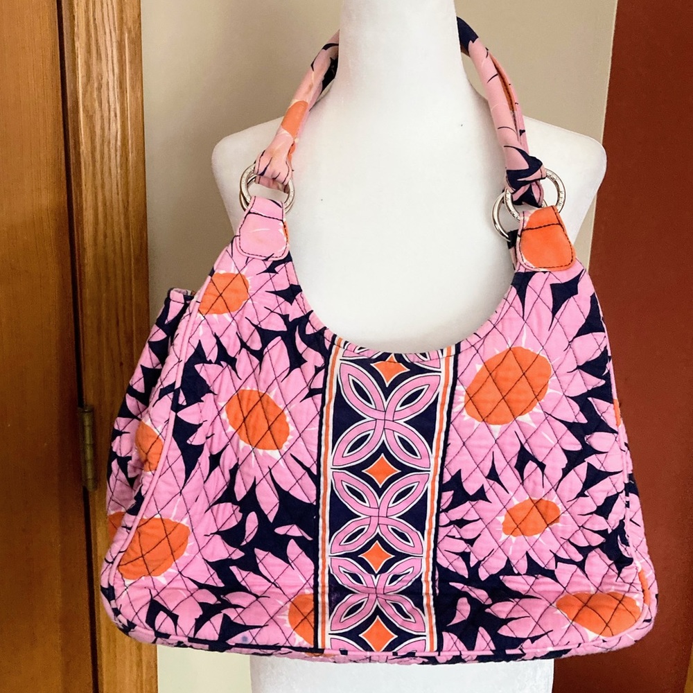 Vera Bradley Large Hobo Loves Me Purse Shoulder Bag Pink Orange Daisy Floral